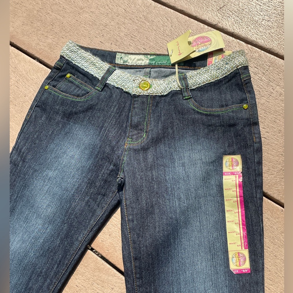 Vintage dark wash Low rise Johnny Girl Jeans, woven green trim